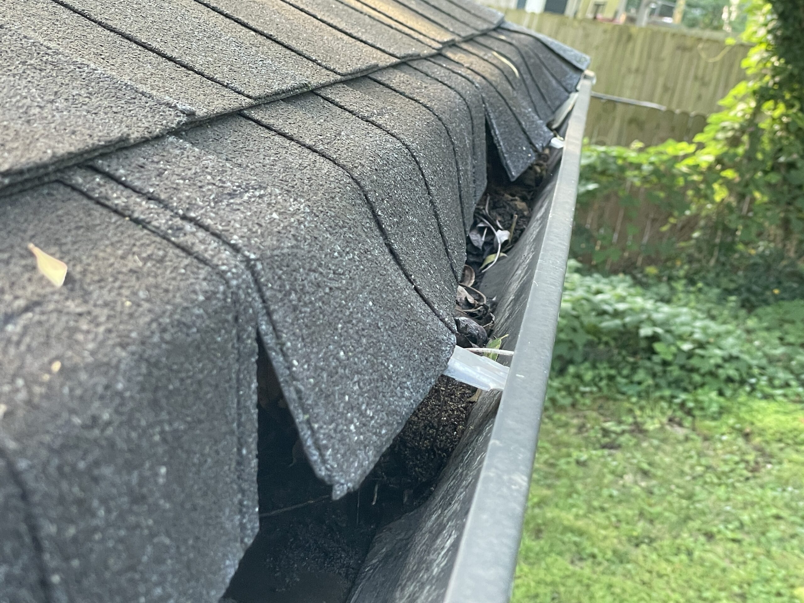 Close-up of granule buildup and debris in a gutter